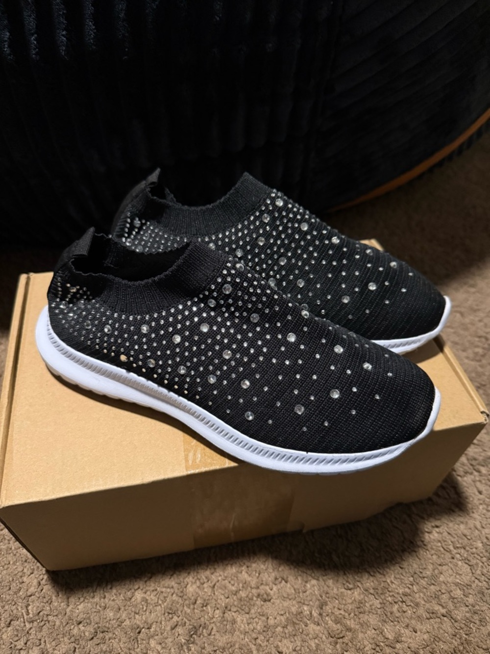Black Slip-On Knit Sneakers with Sparkle Accents